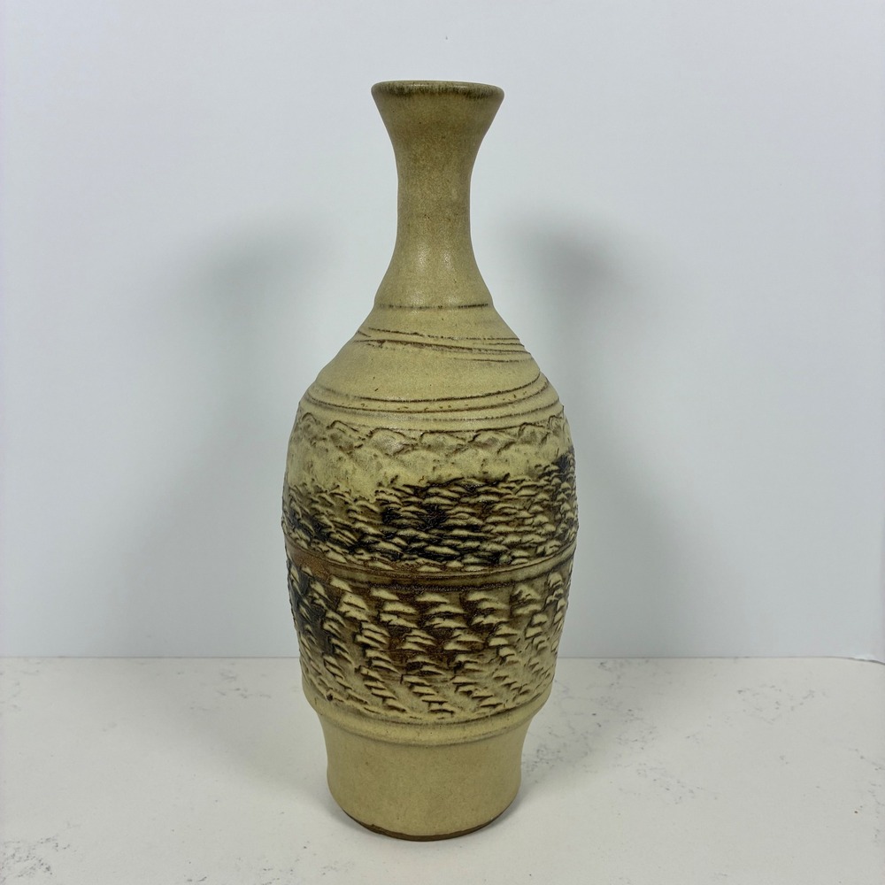 Signed Studio Pottery Vase Tall Textured Stoneware MCM Wabi Sabi Earthy Rustic